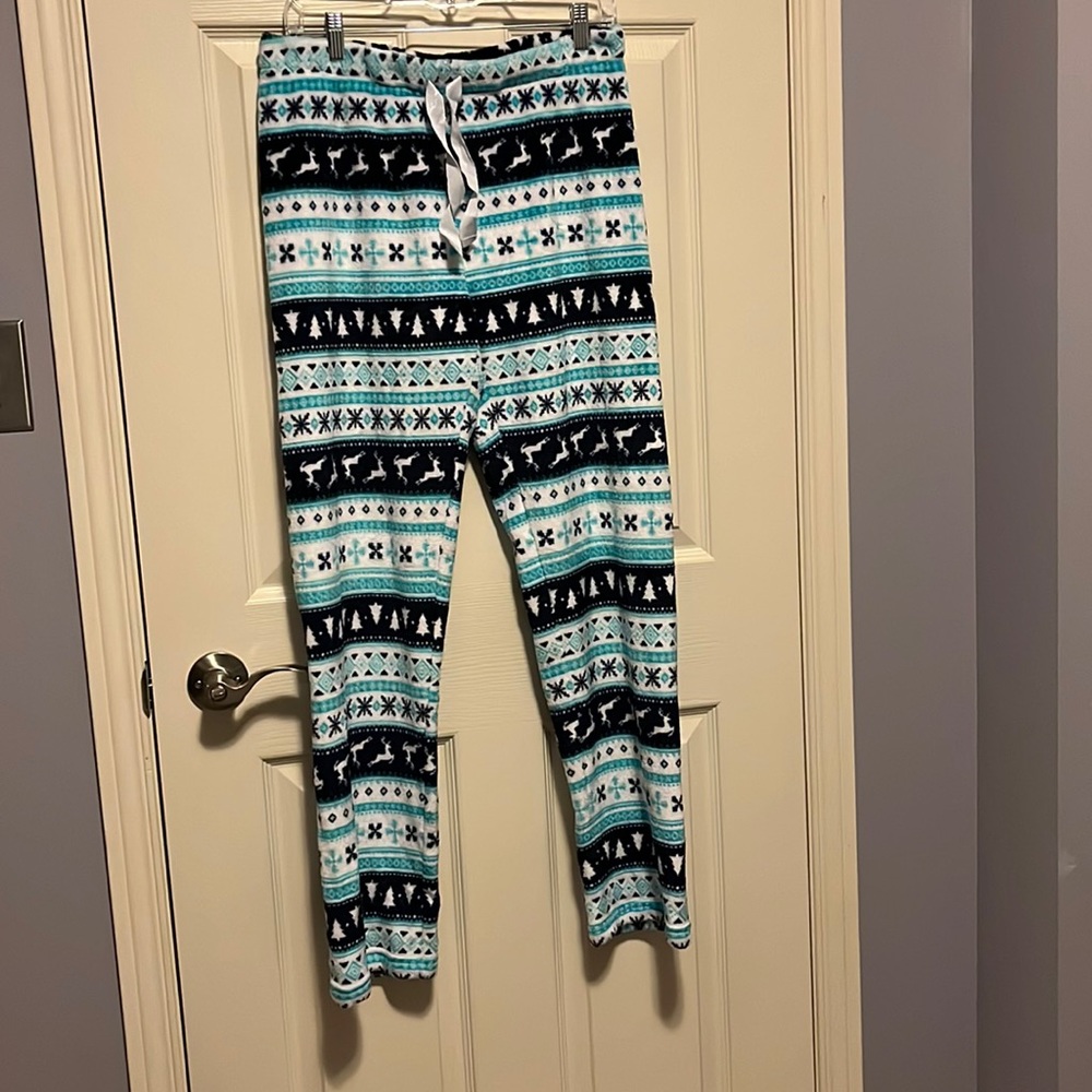 New Women’s Polar Fleece Pyjama Pants Medium Blue Aqua Winter Deer Trees Snow